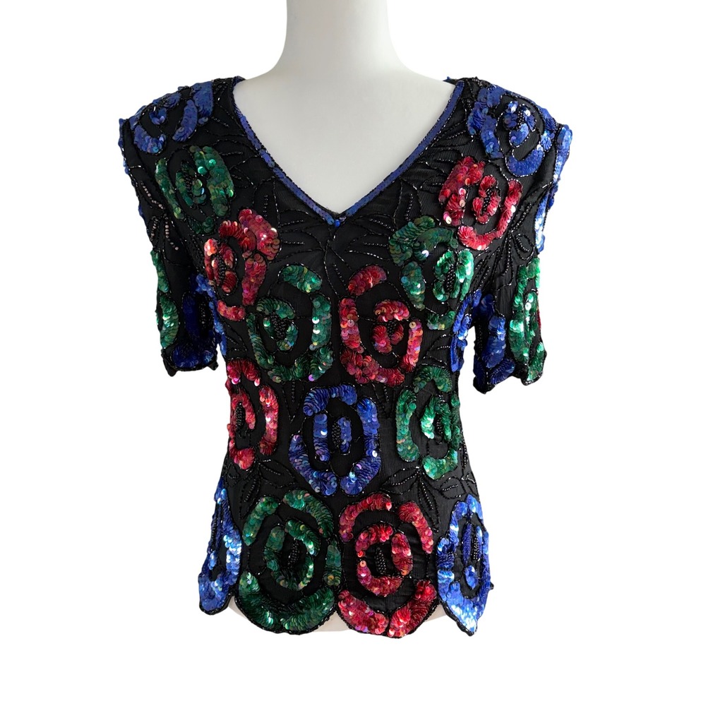 VTG 80s 100% Silk Sequin Beaded Floral Top Womens L Glam Fairy Maximalist Stenay